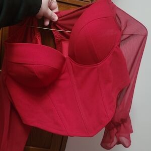 Red Bustier Top with Sheer Sleeves